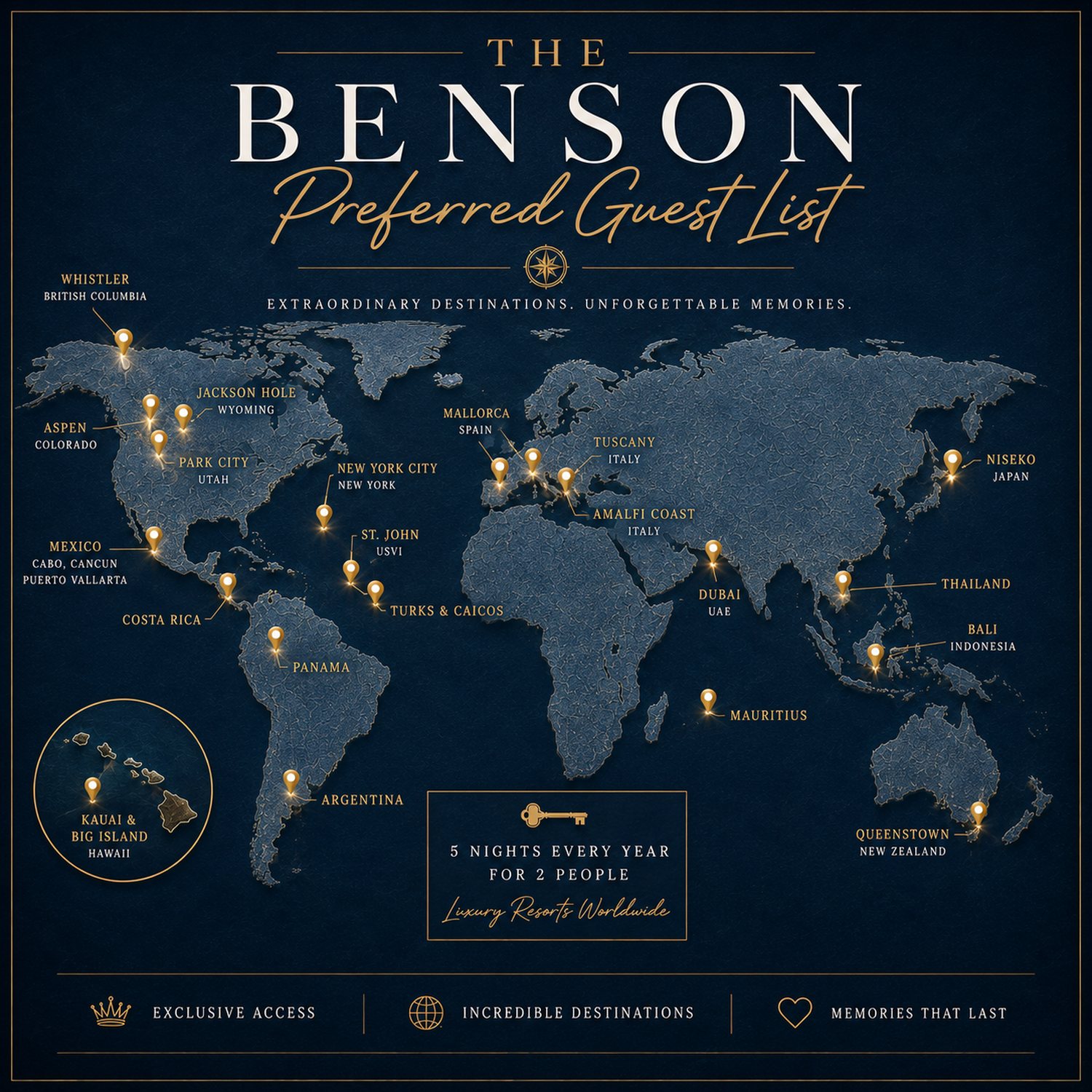 Map of Benson Preferred Guest List destinations worldwide